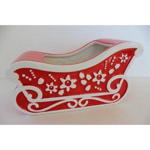 💥3/$25💥 2013 Red White Ceramic Christmas Sleigh Pot Decor